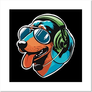 Fun Dachshund dog with headphones Posters and Art